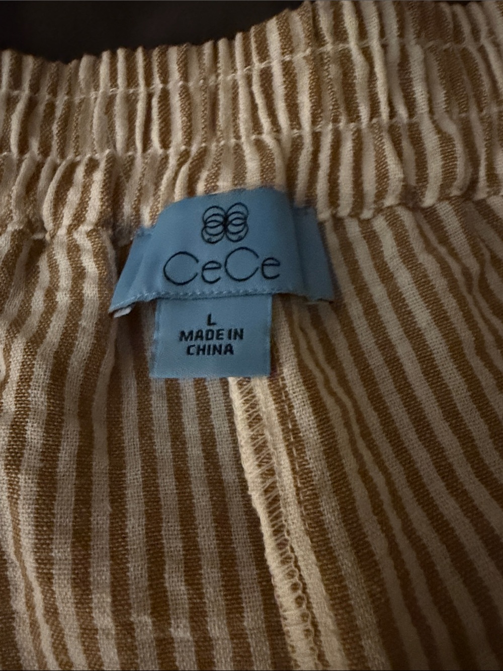 CeCe Tan and White Striped Elastic Neck Top